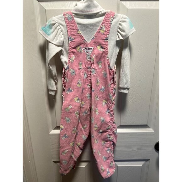 Oshkosh B'Gosh | Vintage Turtleneck + Overalls Pink Bunnies Corduroy Sz 3T - Picture 2 of 8